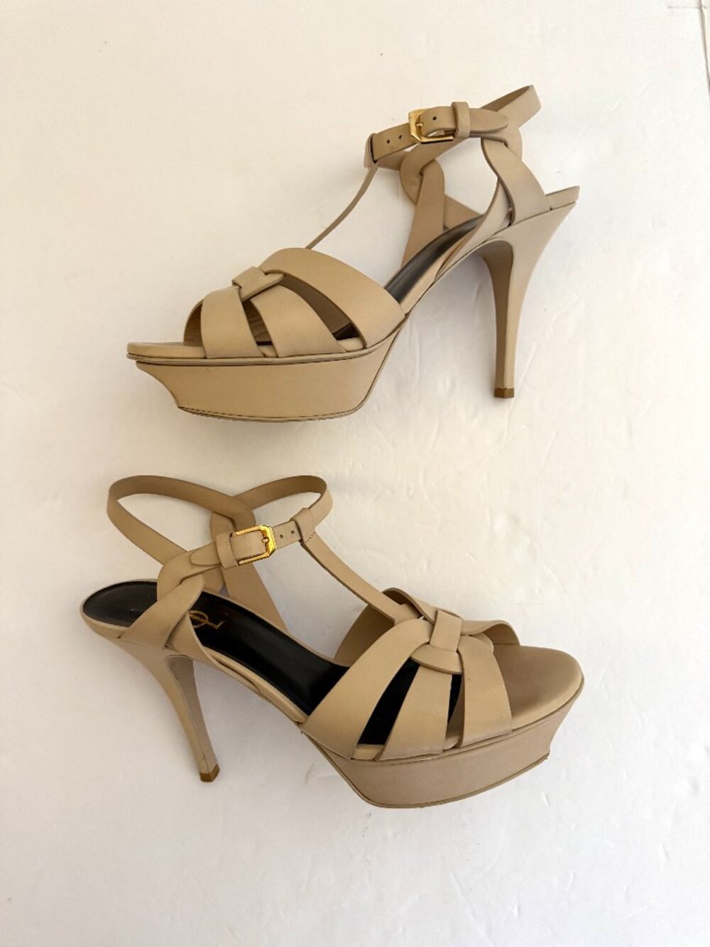 Saint Laurent Tribute Beige Leather Platform Sandals